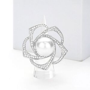 Silver White Pearl Stretch Rhinestone Flower Fashion Ring Finger Adjustable